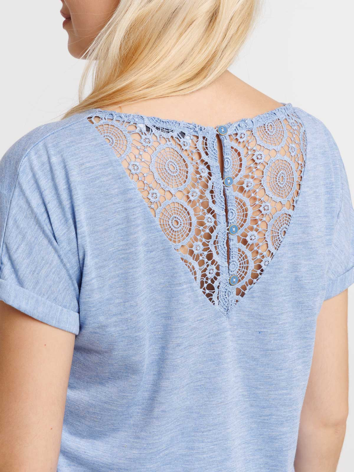 T-shirt bleu femme dentelle macramé dos T-shirt bleu femme dentelle macramé dos