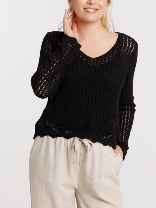 Pull crochet noir col V femme