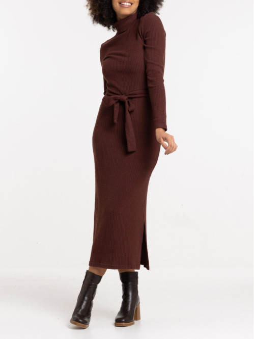 Robe longue col roulé café rougi femme