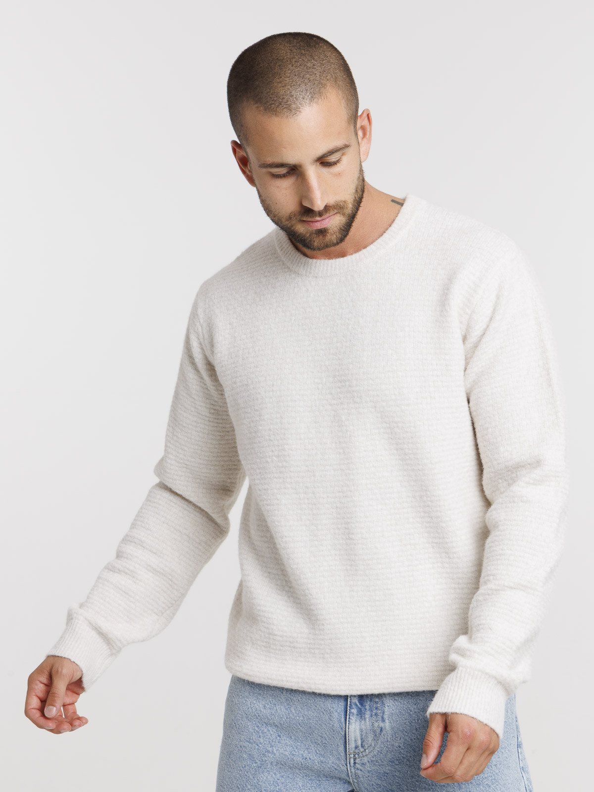 Pull beige col rond homme