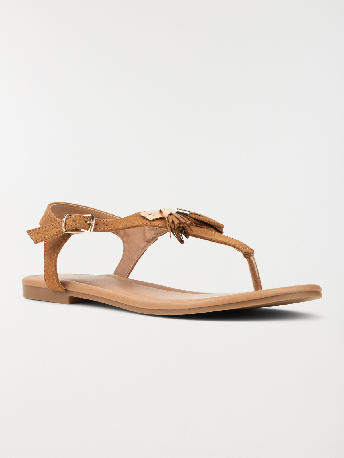 Sandale pompon talon plat cognac (36-41)