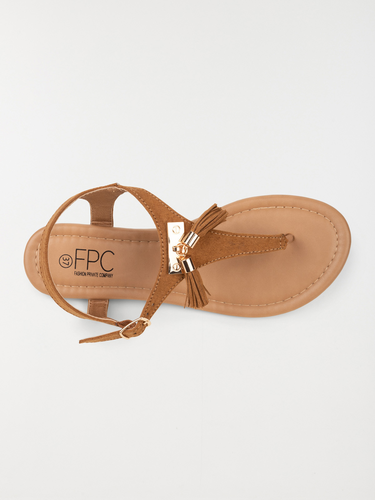 Sandale pompon talon plat cognac (36-41)