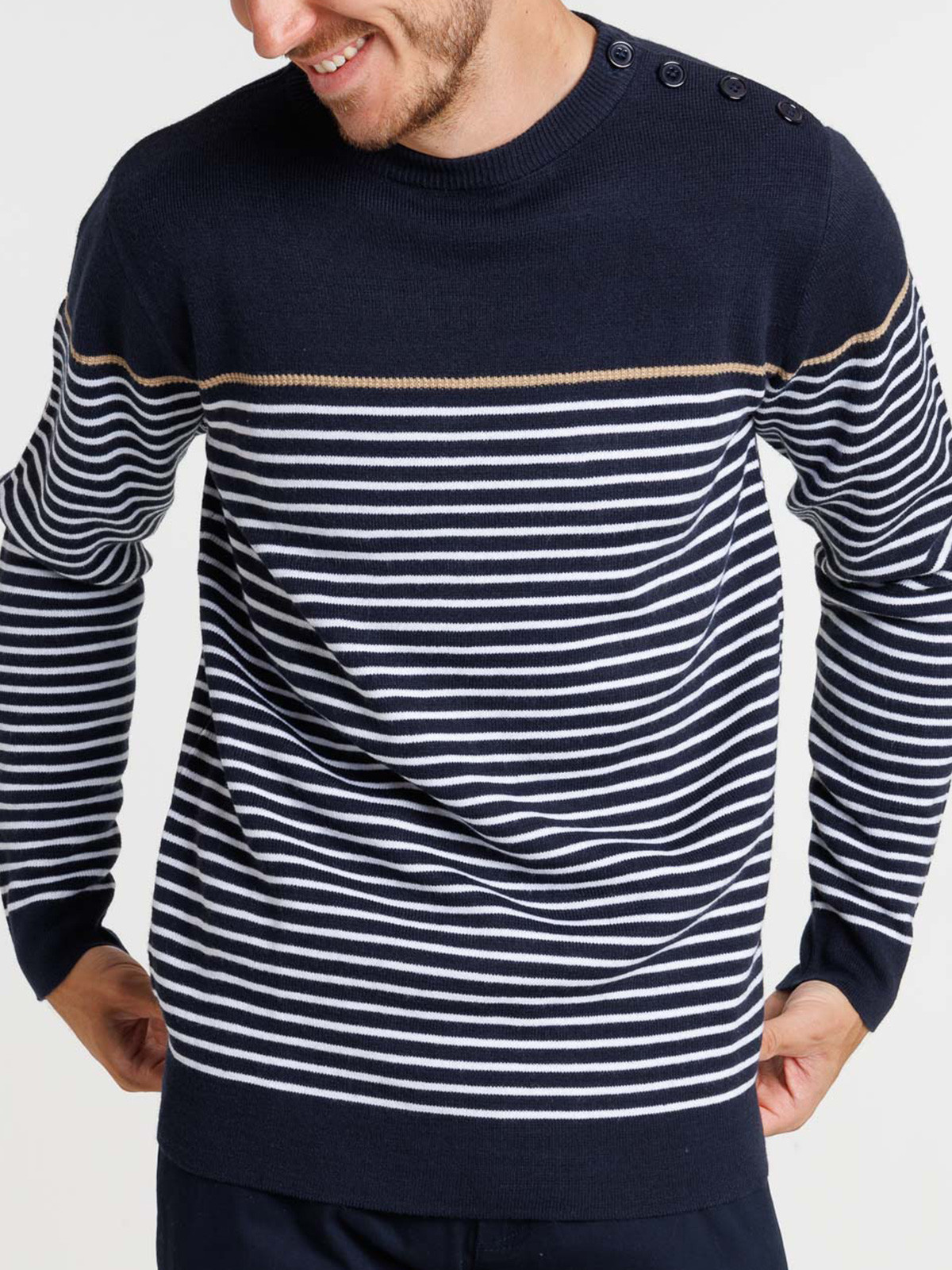 Pull rayé boutons épaule homme