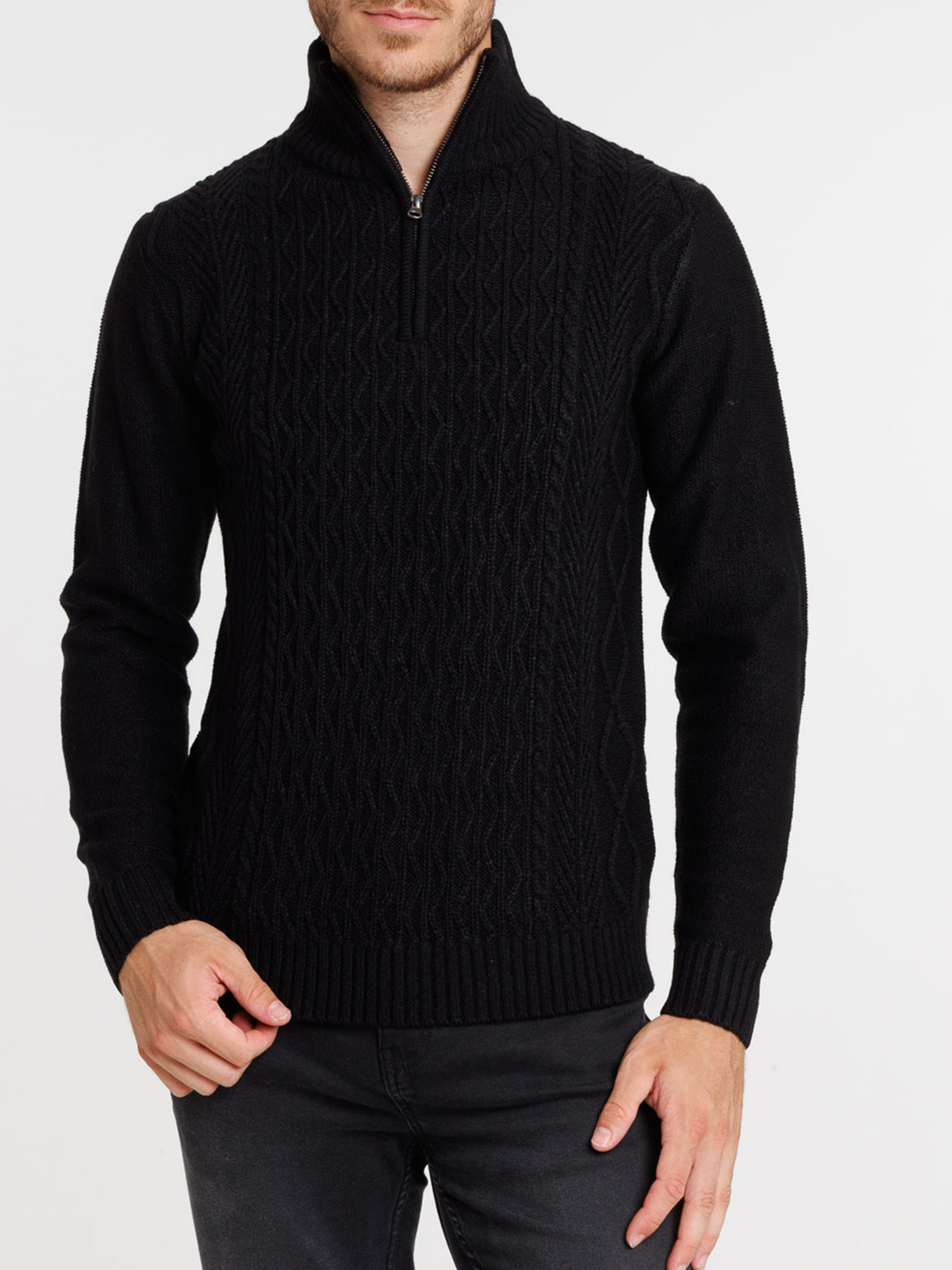 Pull col montant zippé noir homme
