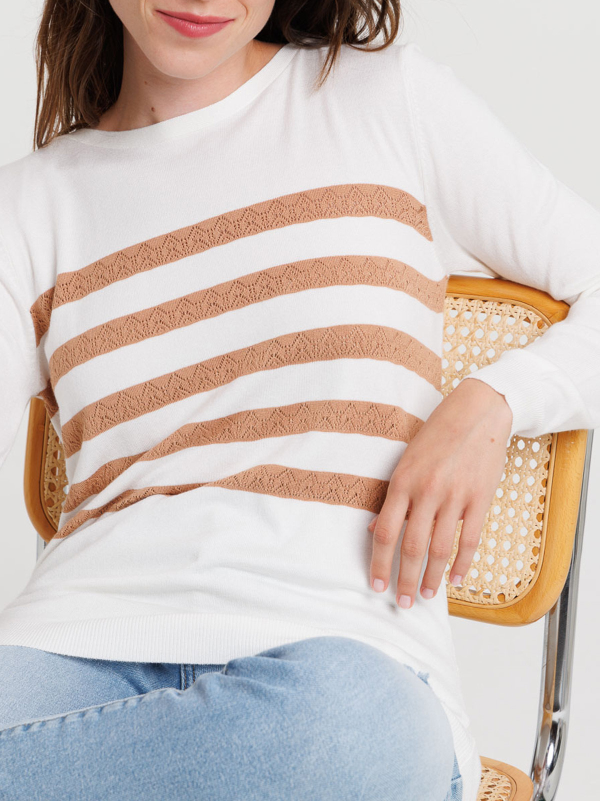 Pull fin écru rayure croissant femme Pull fin écru rayure croissant femme