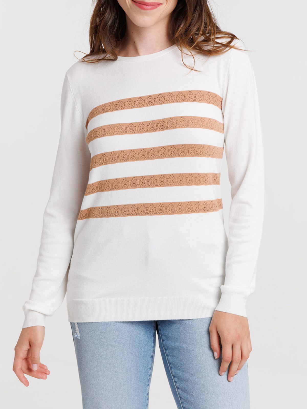 Pull fin écru rayure croissant femme