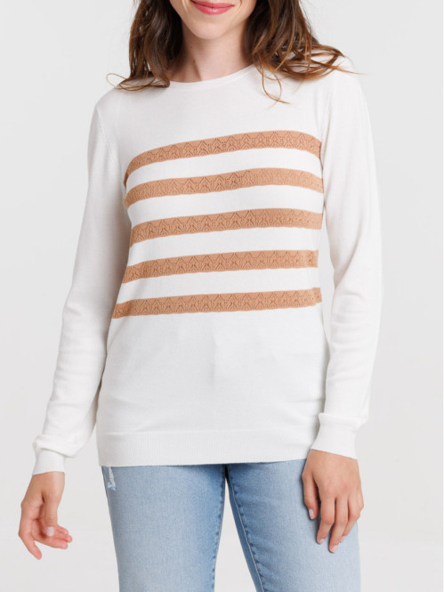 Pull fin écru rayure croissant femme