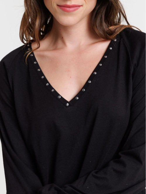 T-shirt col V studs noir femme