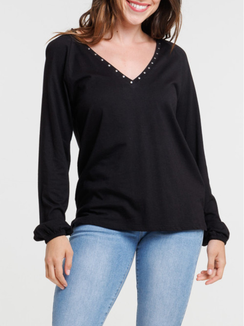T-shirt col V studs noir femme