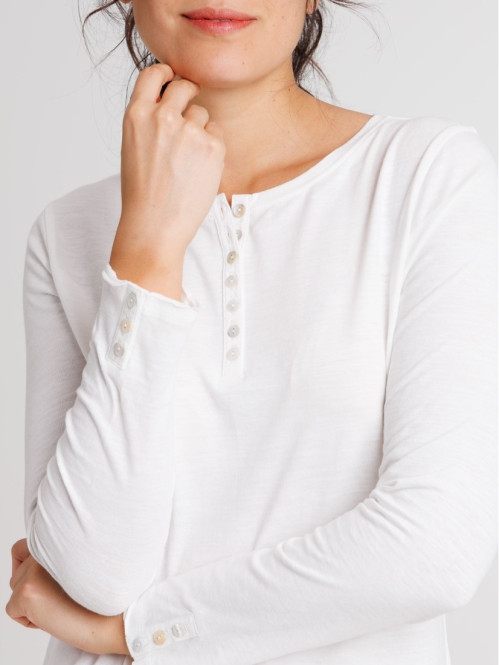 T-shirt col rond boutonné écru femme