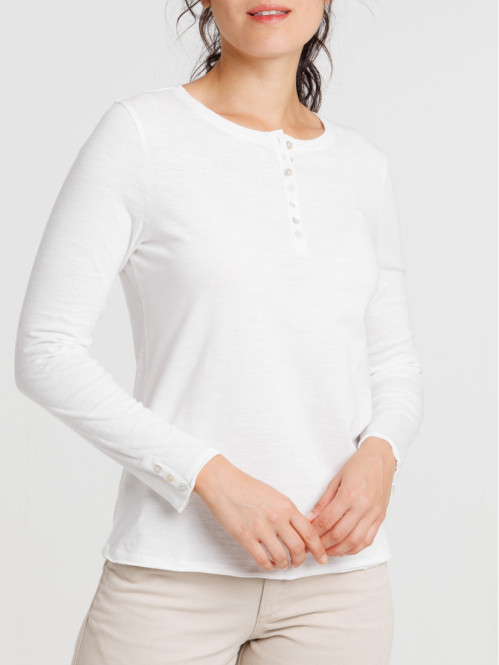 T-shirt col rond boutonné écru femme