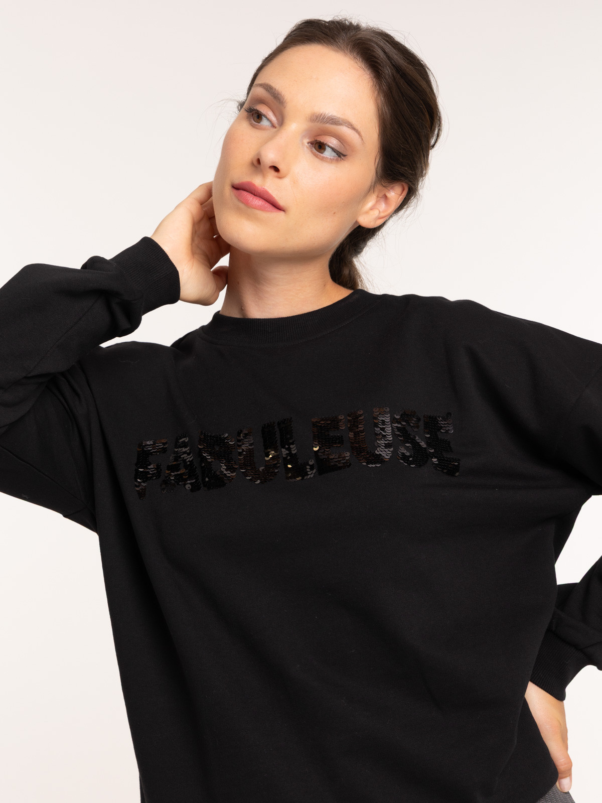 Sweat noir à message sequins femme