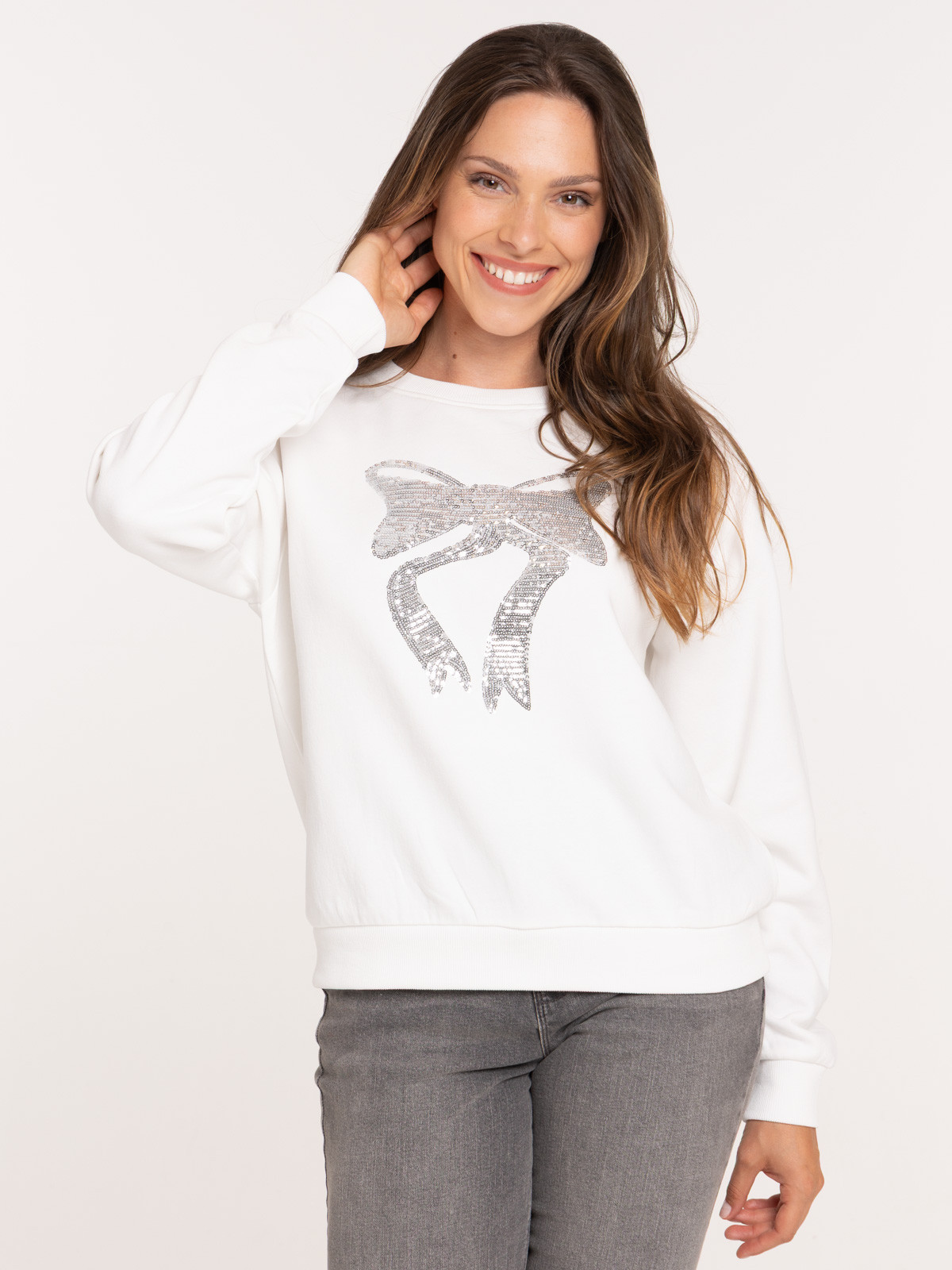 Sweat avec noeud sequins femme écru