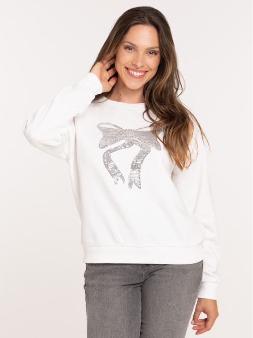 Sweat avec noeud sequins femme écru