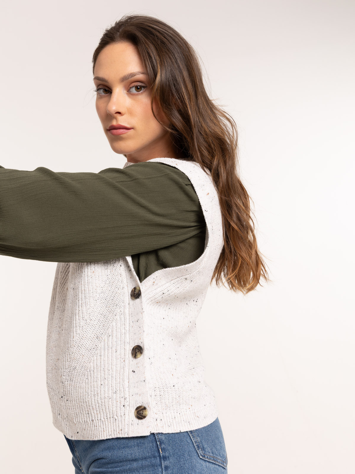 Pull sans manches crème grisée femme