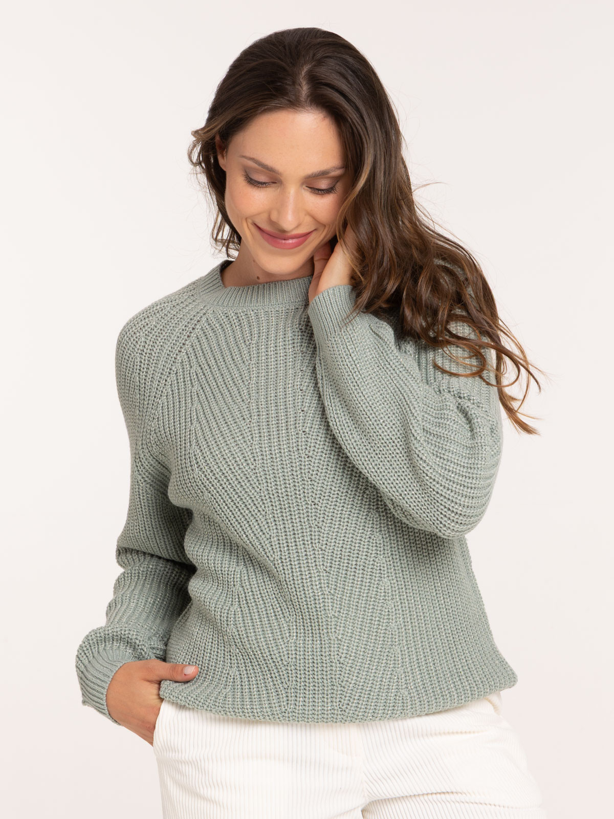 Pull maille brillante coloris jade femme