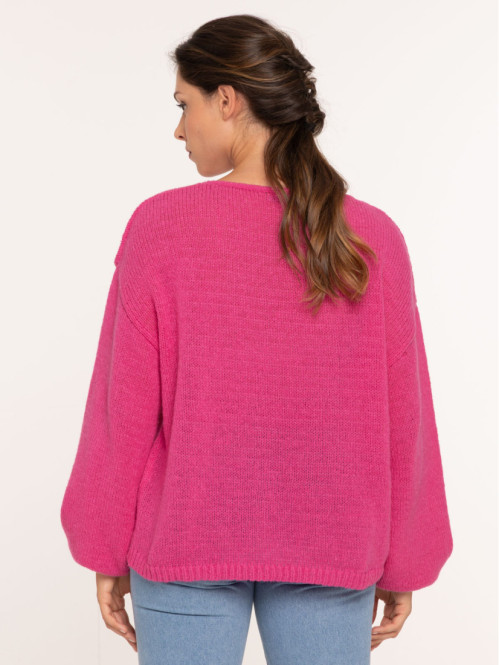Pull col V fushia femme