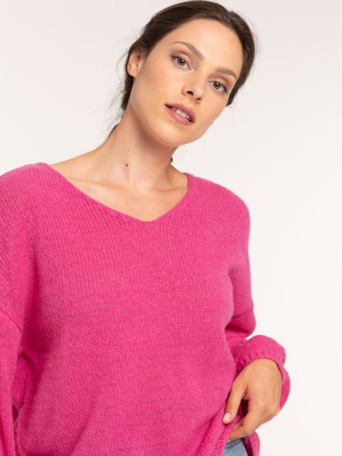 Pull col V fushia femme