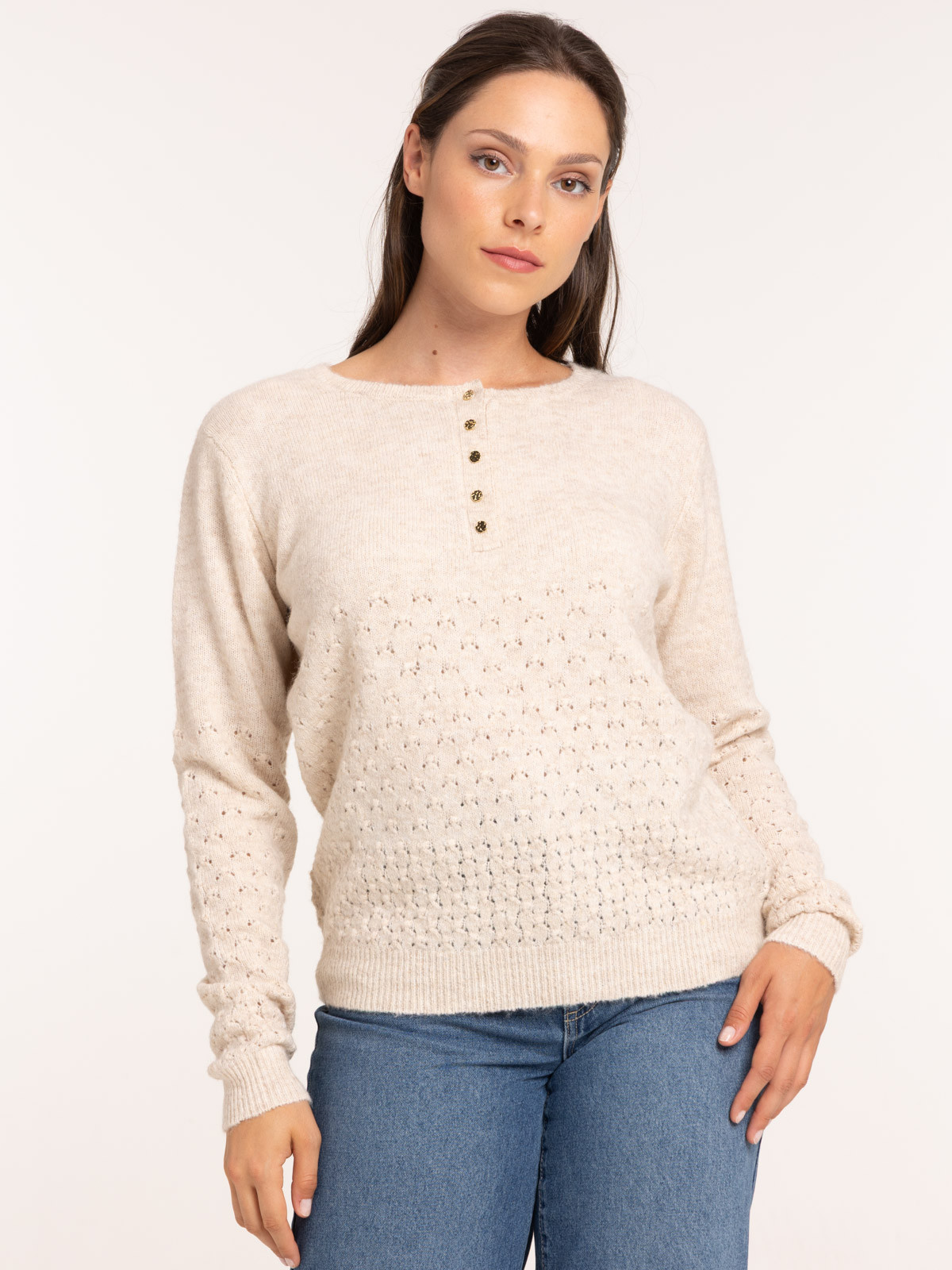 Pull maille ajouré boutonné femme