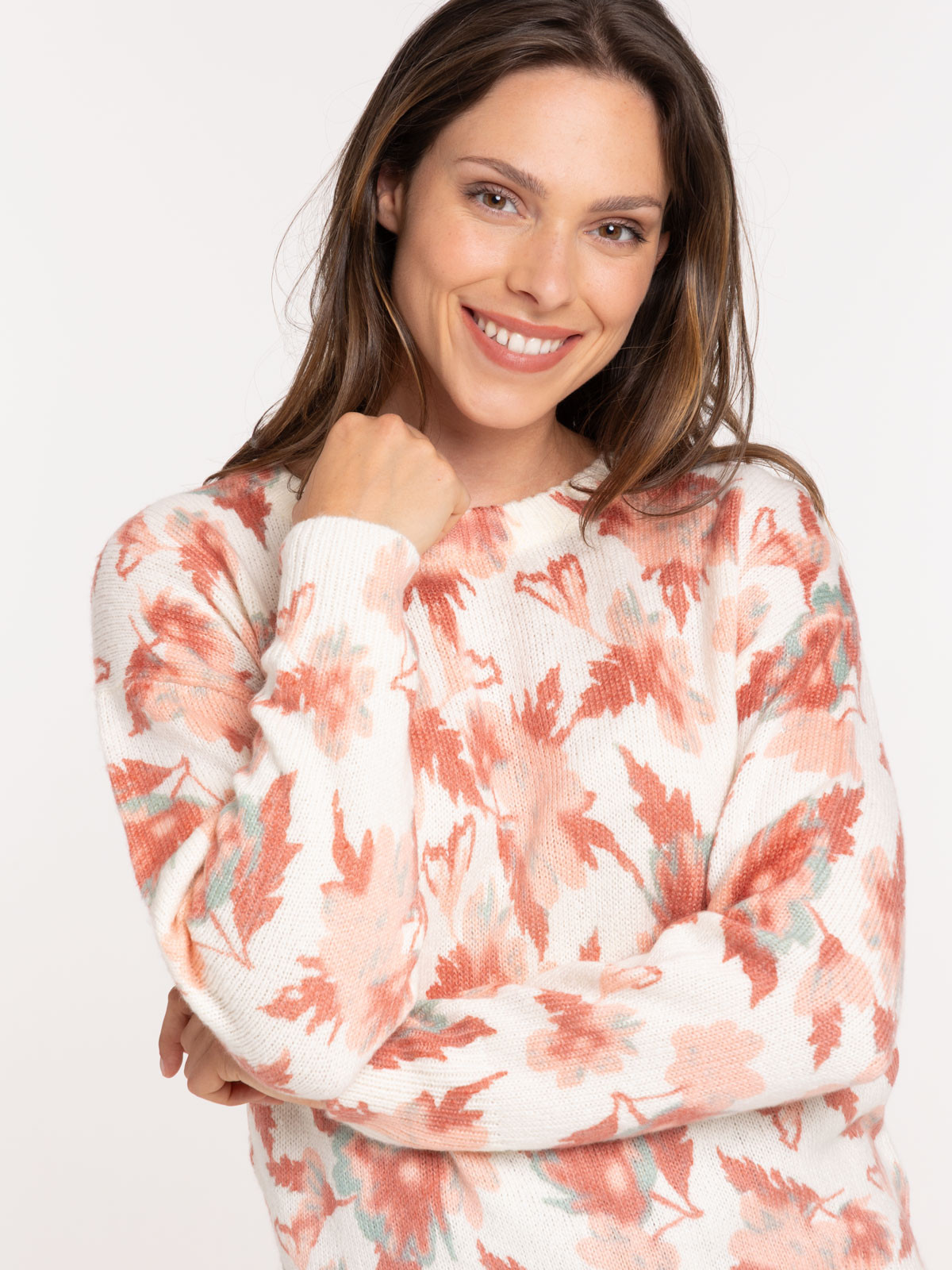 Pull fleuri col rond femme