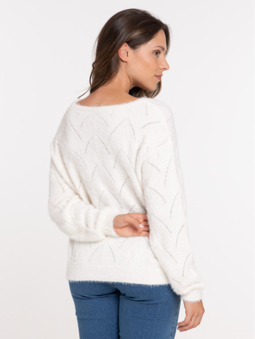 Pull écru col V femme