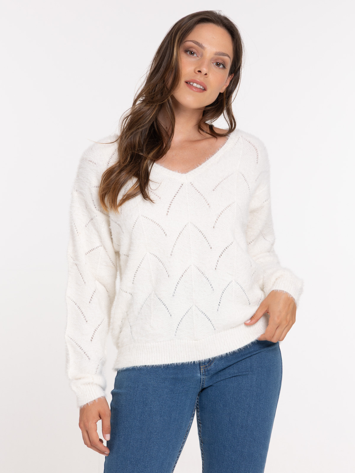 Pull écru col V femme Pull écru col V femme