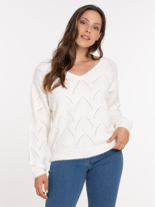 Pull écru col V femme