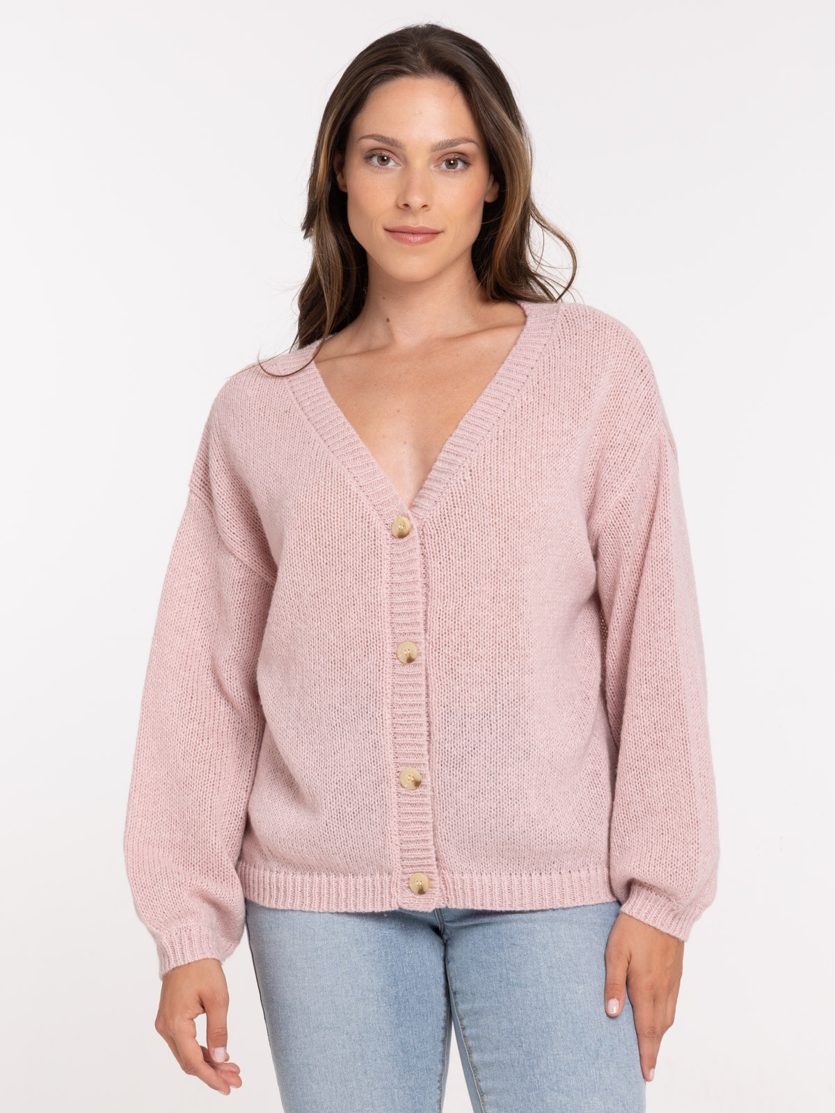 Gilet col V boutonné rose quartz femme