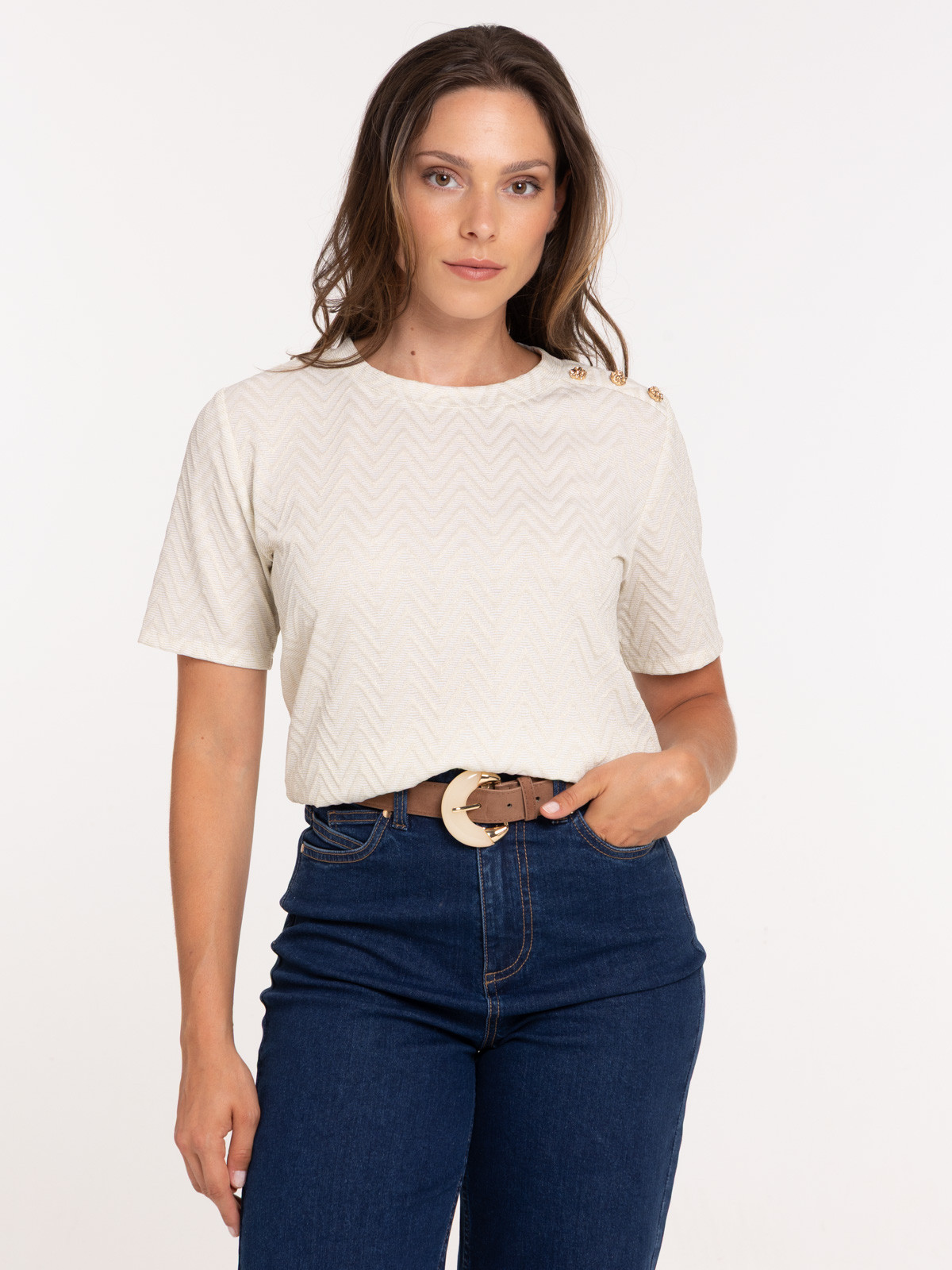 T-shirt col rond boutons épaules femme T-shirt col rond boutons épaules femme