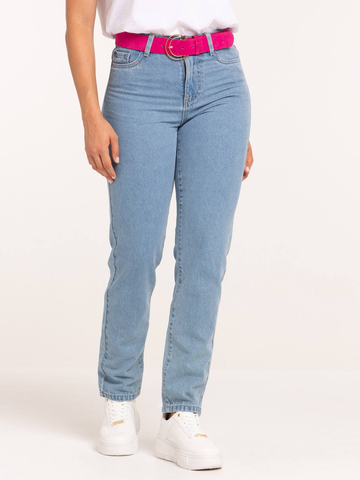 Jean mom ceinturé double stone femme