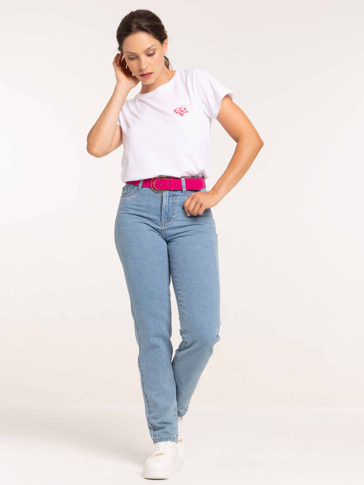 Jean mom ceinturé double stone femme