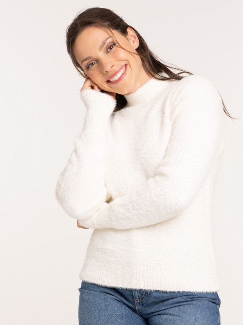 Pull col montant écru femme