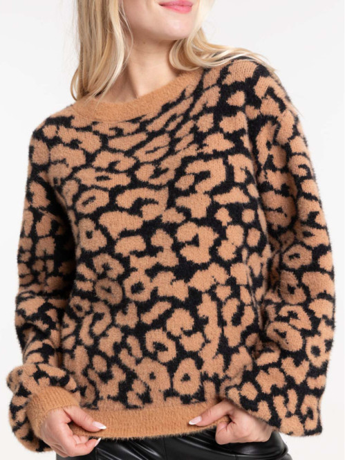 Pull col rond léopard femme