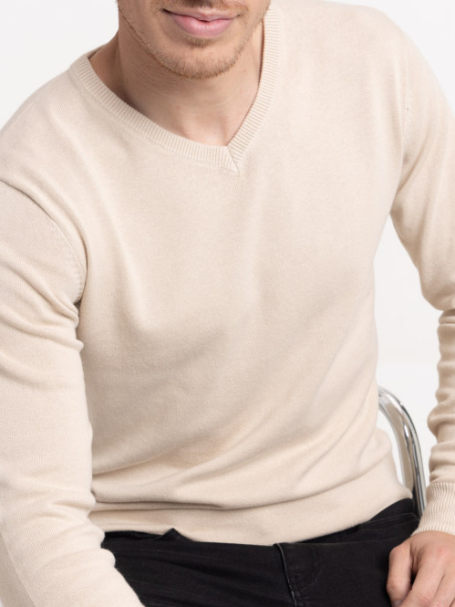 Pull beige col V homme