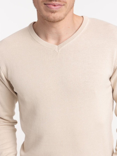 Pull beige col V homme