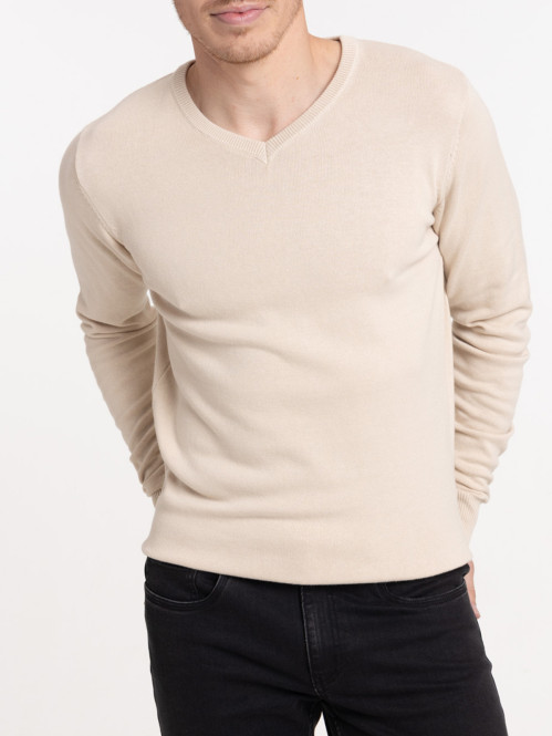 Pull beige col V homme
