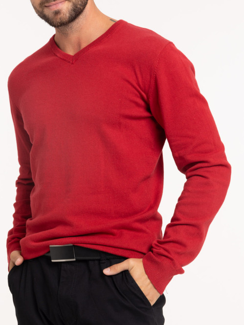 Pull Col V carmin homme