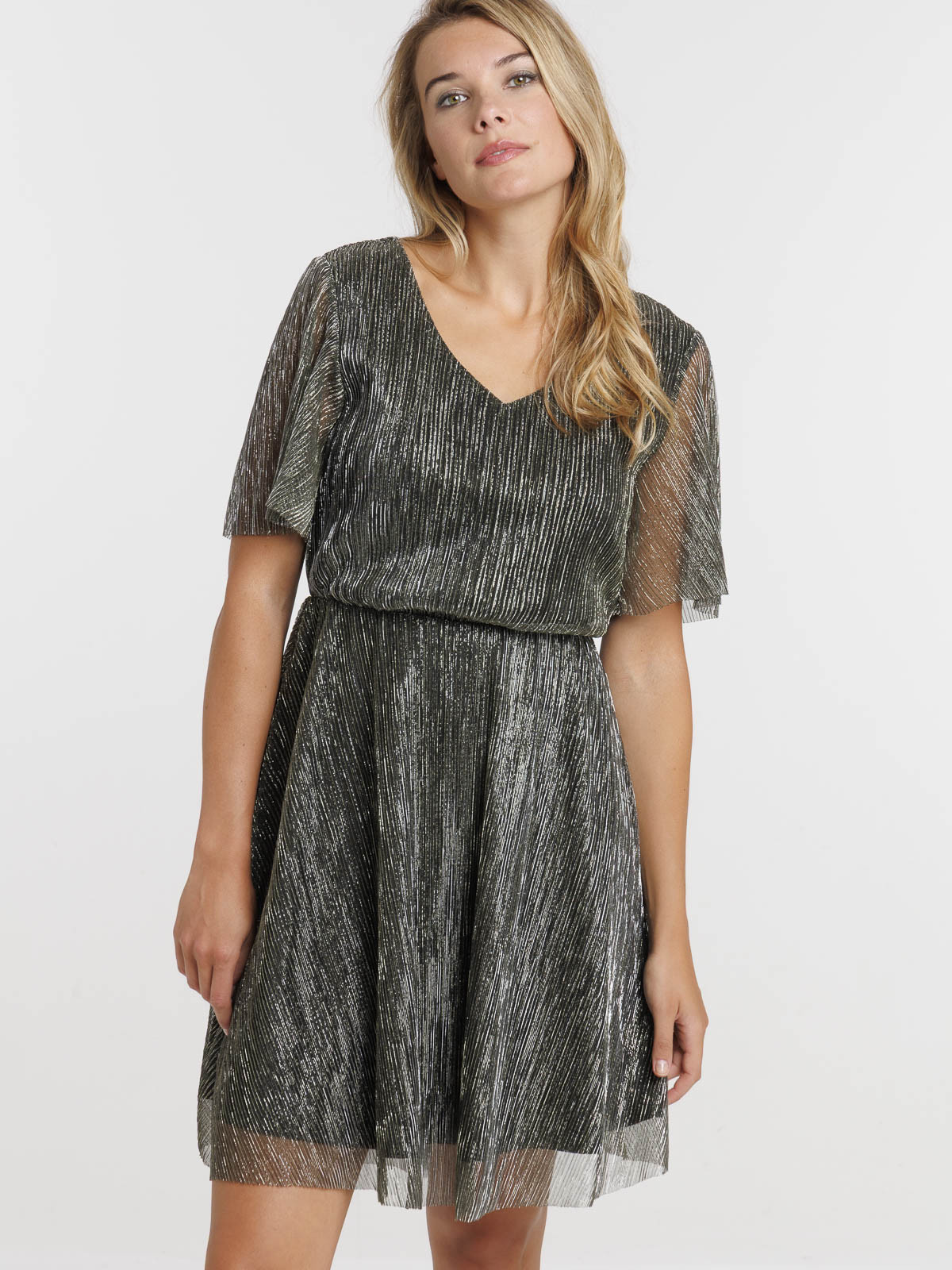 Robe courte avec fibre métallisée femme Robe courte avec fibre métallisée femme