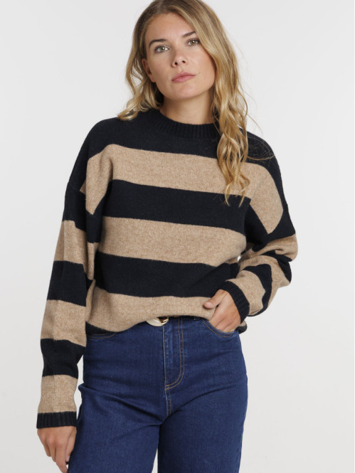 Pull rayé camel femme
