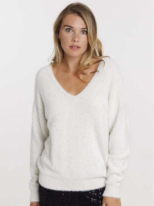 Pull col V écru femme Pull col V écru femme