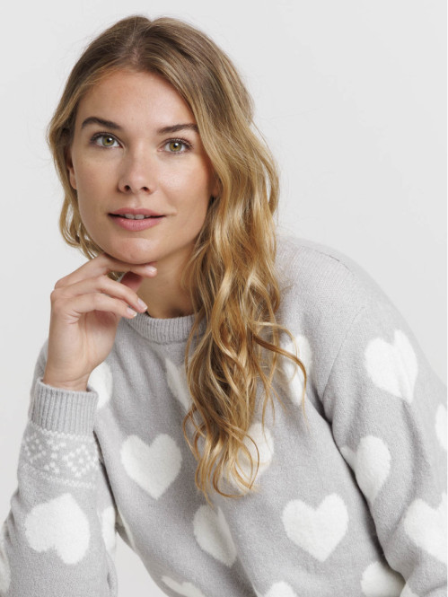 Pull gris clair chine motif coeur femme