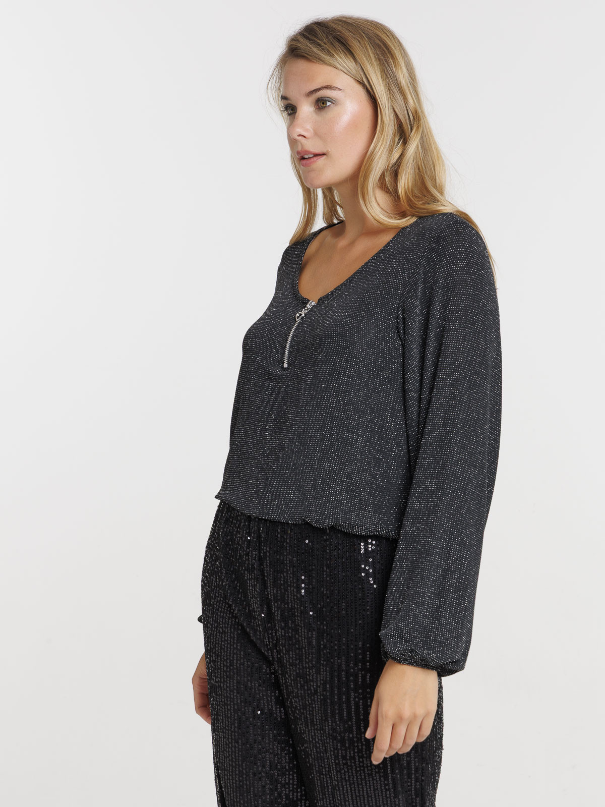 T-shirt zippé noir manches longues femme