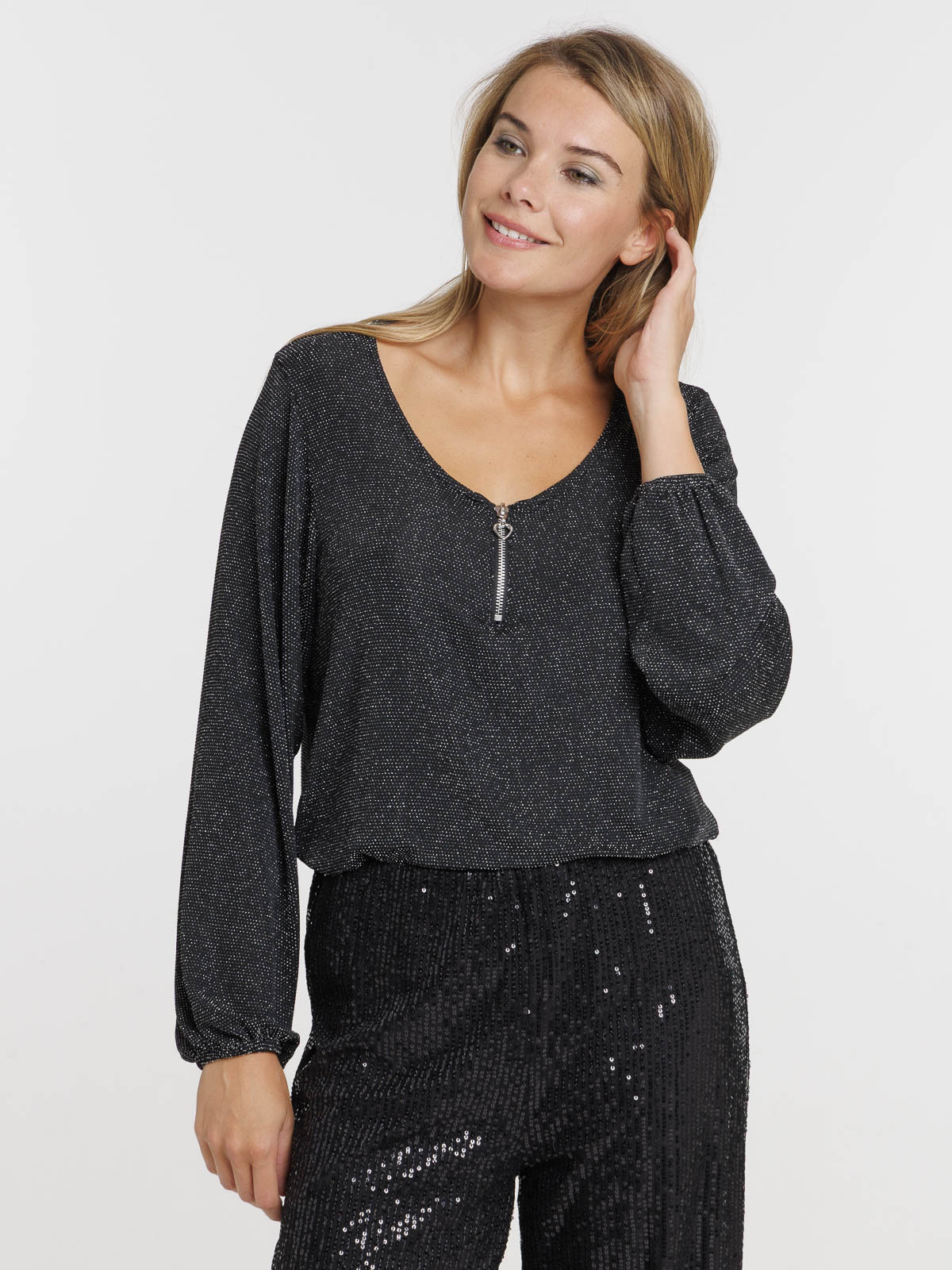 T-shirt zippé noir manches longues femme