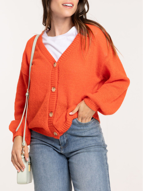 Gilet col V boutonné rouge femme