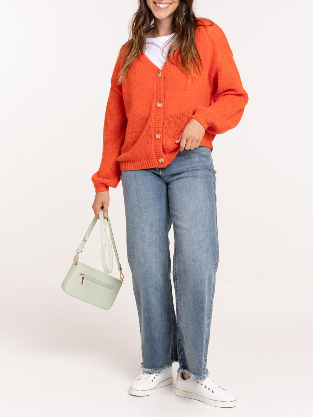 Gilet col V boutonné rouge femme