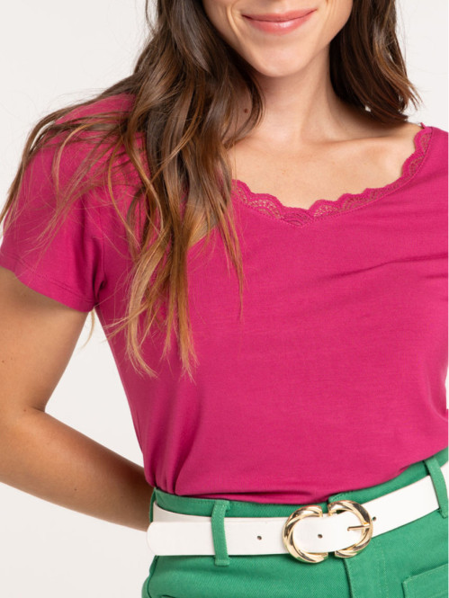 Tee-shirt fushia col V...