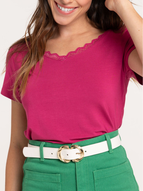 Tee-shirt fushia col V dentelle femme