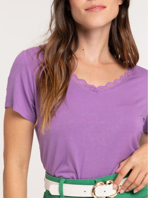 T-shirt col V dentelle femme