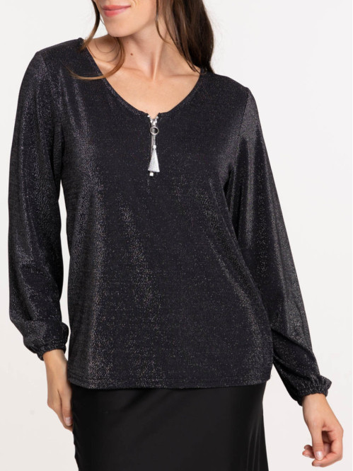 Tee-shirt col V zippé femme