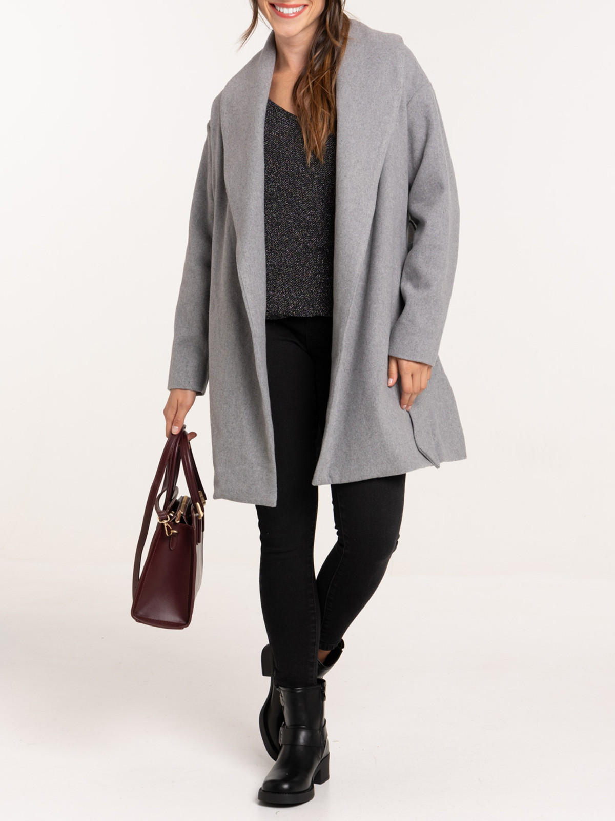 Manteau ceinturé gris clair chiné femme